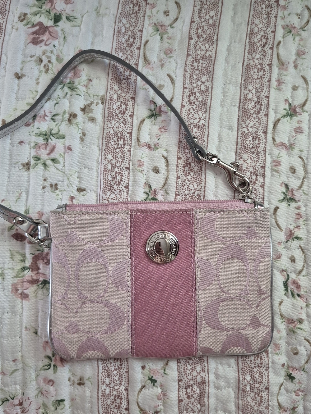 Coach Pink Signature Wristlet with Silver Hardware Ladies Women